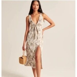Abercrombie Fitch Cinched Neck Midi Dress Sz L Cottagecore Coquette Y2K Babydoll